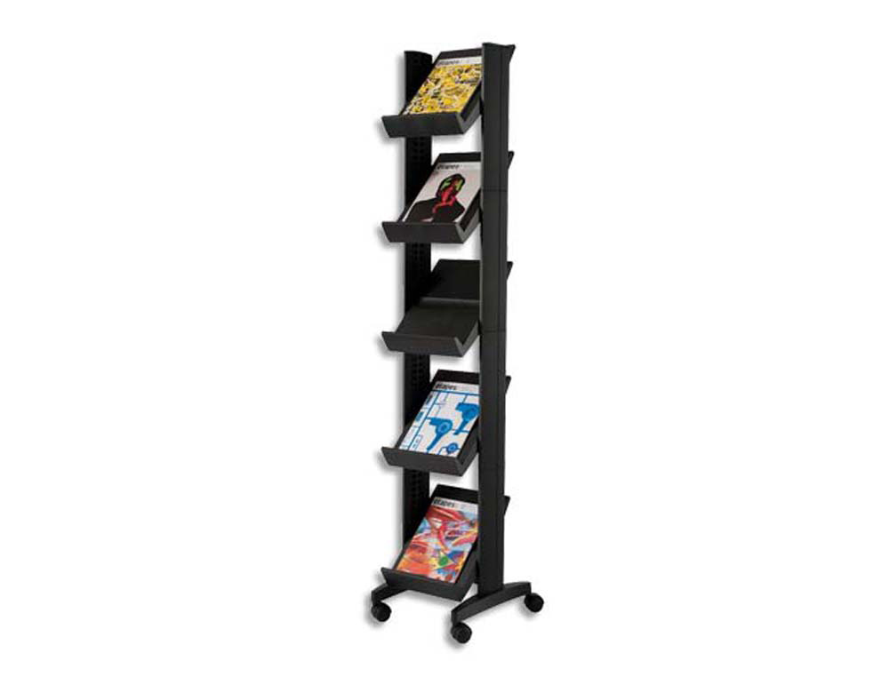 Présentoir paperflow mobile métallique polystyrène compact 5 tablettes 4 roulettes rebord 4cm 167.5x35x38.5cm