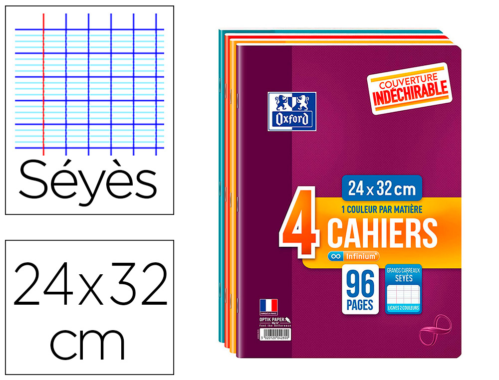 Cahier oxford infinum agrafe 24x32cm 96p 90g séyès lot 4u  carton de 10u