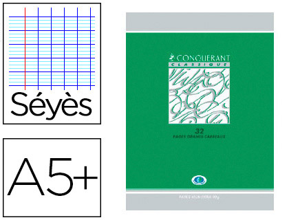 Cahier devoirs piqué conquérant classique couverture vernie carte couchée a5+ 17x22cm 32 pages 90g séyès