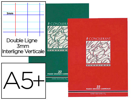 Cahier d'écriture piqué conquérant classique couverture vernie carte couchée a5+ 17x22cm 32 pages 90g 3 interlignes 10mm