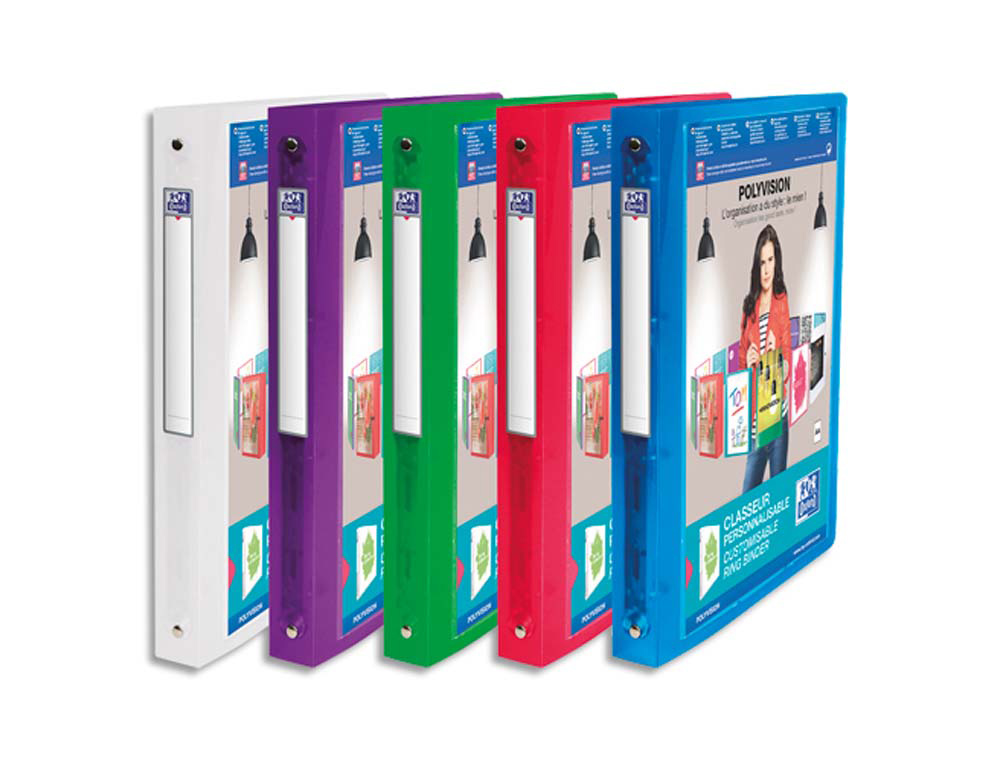 Classeur personnalisable oxford polyvision 4 anneaux 20mm polypropylène dos 30mm 150f pochette cristal translucide