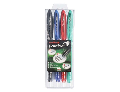 Roller uniball fanthom thermosensible pointe 0.7mm écrire gommer réécrire encre gel noir bleu rouge vert pochette 4u