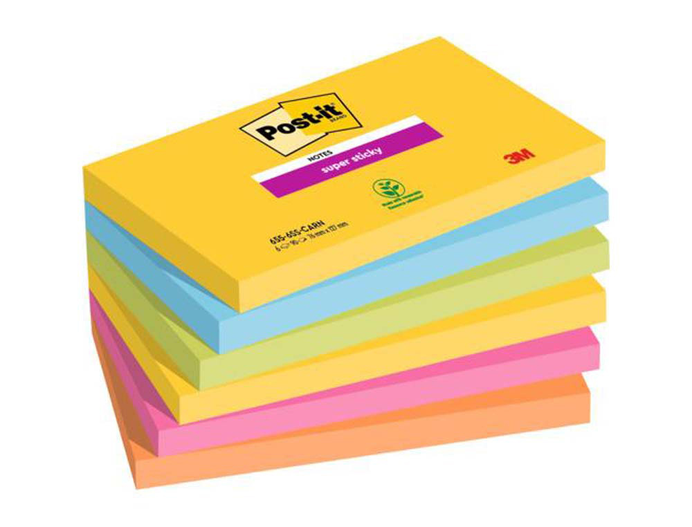Bloc-notes post-it super sticky couleur carnival 127x76mm   90f repositionnable  rose o   range jaune lot 6 unités