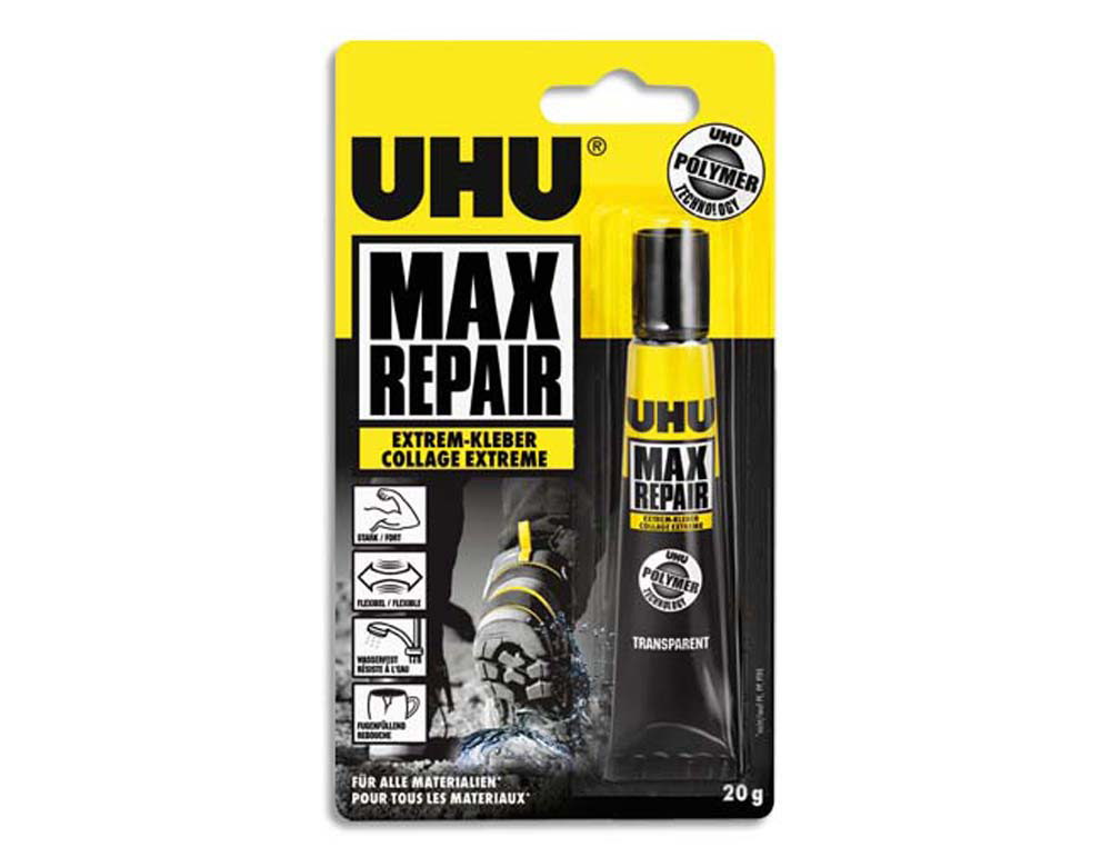 Colle uhu max repair multi-usages tous types matériaux résiste eau températures extrêmes uv s/solvant 20g transparent