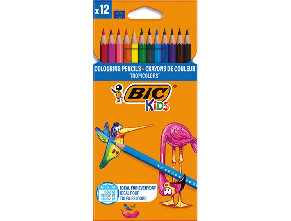 Crayon couleur bic kids tropicolors 2 175mm mine résistante pigmentée large palette coloris vifs étui carton 12 unités