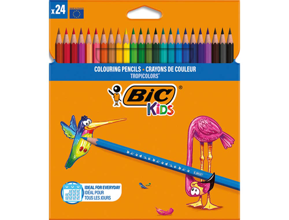 Crayon couleur bic kids tropicolors 2 175mm mine résistante pigmentée large palette coloris vifs étui carton 24 unités