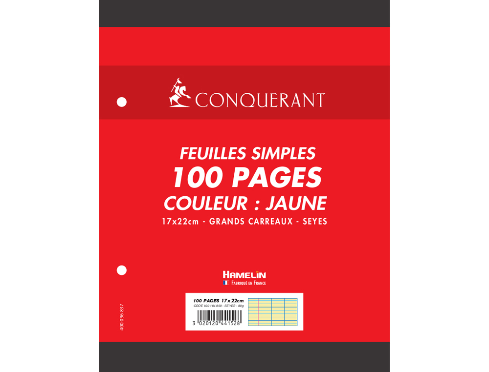Feuillet mobile conquérant a5+ 170x220mm 100 pages 80g séyès perforé coloris jaune