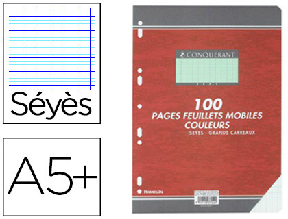 Feuillet mobile conquérant a5+ 170x220mm 100 pages 80g séyès perforé coloris vert