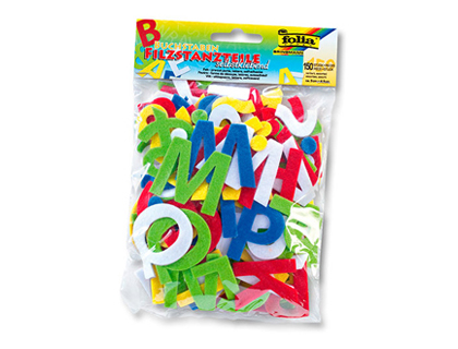 Feutrine adhésive folia 3x4.5cm lettres coloris assortis sachet 150 unités