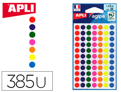 Pastille adhésive apli agipa diamètre 8 mm coloris assortis pochette 385 unités