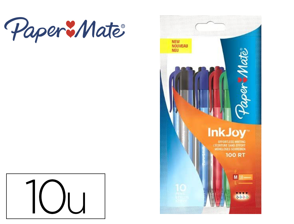 Stylo-bille paper mate inkjoy 100rt rétractable pointe moyenne forme hexagonale corps transparent assortiment 10 unités
