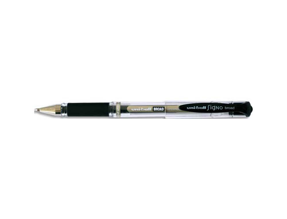 Stylo uniball signo broad encre gel pigmentée écriture large 0.8mm pointe 1mm grip caoutchouc rechargeable noir