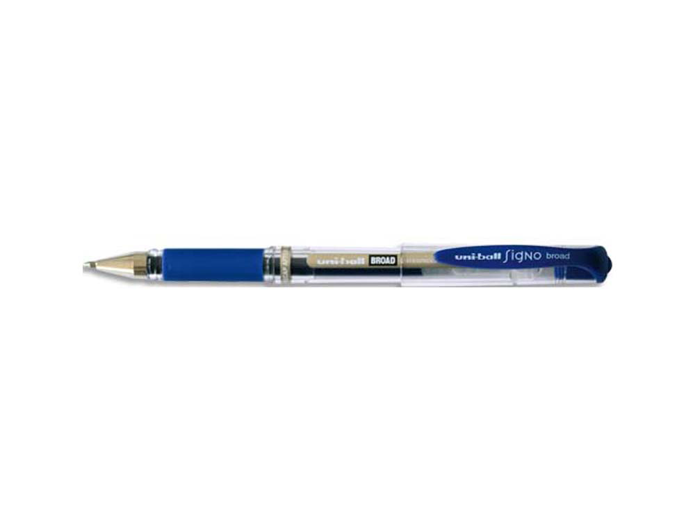 Stylo uniball signo broad encre gel pigmentée écriture large 0.8mm pointe 1mm grip caoutchouc rechargeable bleu