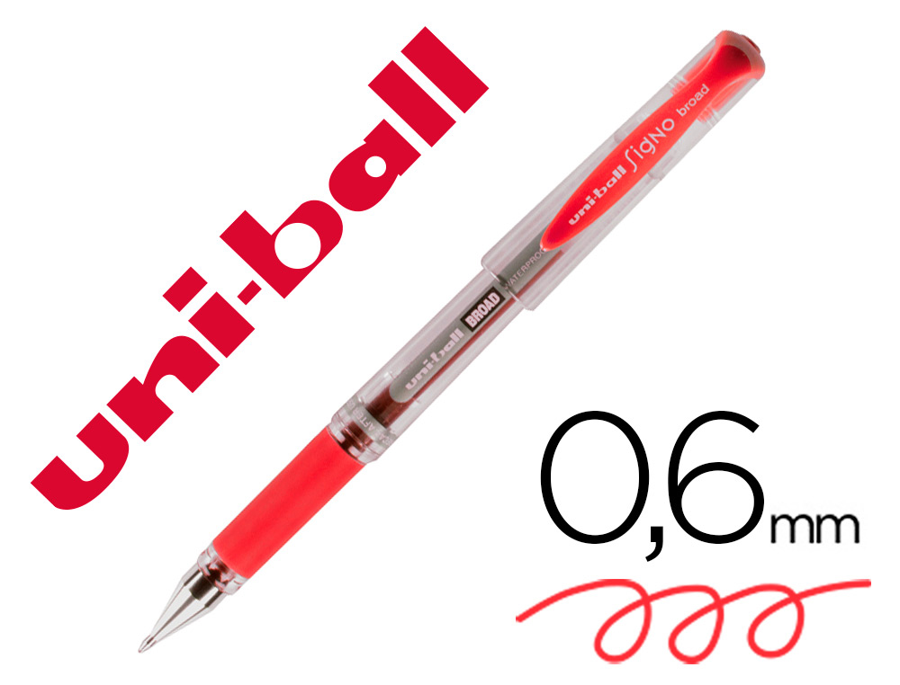 Stylo uniball signo broad encre gel pigmentée écriture large 0.8mm pointe 1mm grip caoutchouc rechargeable rouge