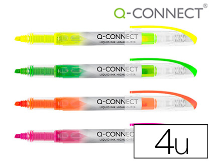 Surligneur q-connect slim liquid ink non rechargeable pointe biseautée couleurs assorties pochette 4u