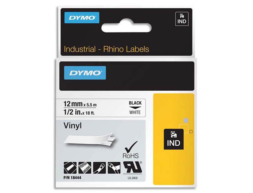 Ruban titreuse dymo industriel rhino support vinyle 12mmx5.5m coloris impression noir/blanc