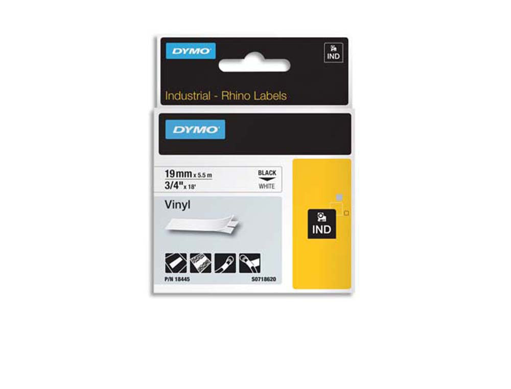 Ruban titreuse dymo industriel rhino support vinyle 19mmx5.5m coloris impression noir/blanc