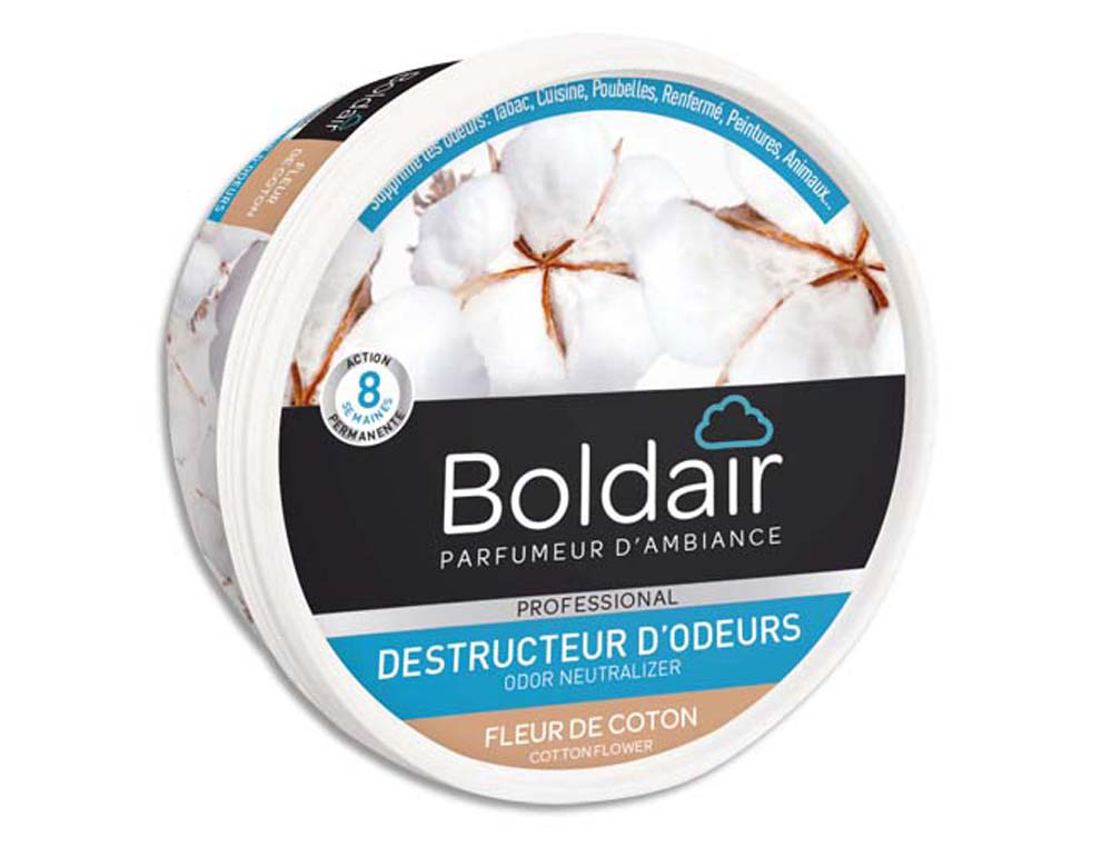 Gel boldair destructeur odeur gel solide évaporation régulière surface 30m2 non toxique biodégradable fleur coton