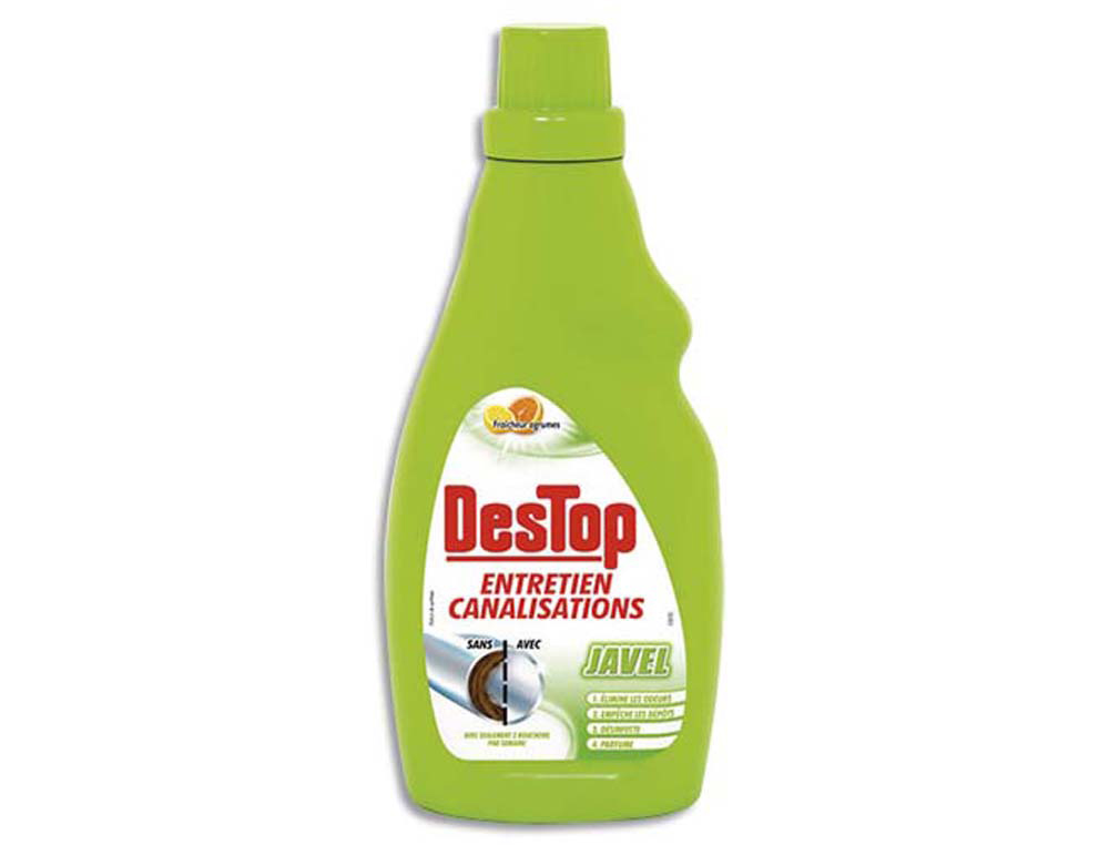 Nettoyant destop canalisations javel 4/1 sans soude caustique tous types canalisations odorstop citron flacon 750ml
