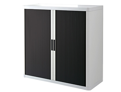 Armoire paperflow easyoffice 2 tablettes charge 75kg structure blanche rideaux 104x110x41,5cm coloris blanc/noir