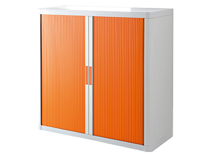 Armoire paperflow easyoffice 2 tablettes charge 75kg structure blanche rideaux 104x110x41,5cm coloris blanc/orange