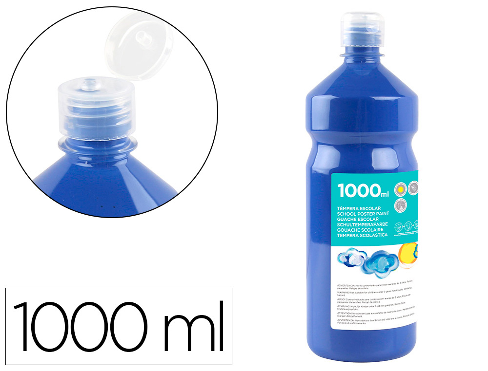 Gouache scolaire liderpapel liquide lavable fermeture sécurité brillante coloris bleu marine flacon 1000ml
