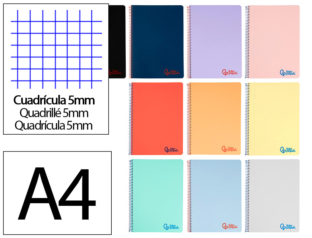 602655g-1.jpg Cahier spirale liderpapel a4 micro wonder 240 pages 90g 5x5mm 4 trous 5 bandes coloris assortis – Image 1
