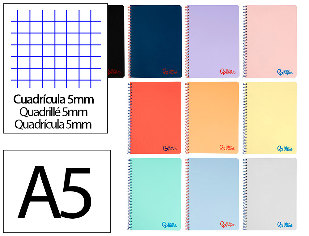 602656g-1.jpg Cahier spirale liderpapel a5 micro wonder 80 pages 90g 5x5mm 4 trous 5 bandes coloris assortis – Image 1