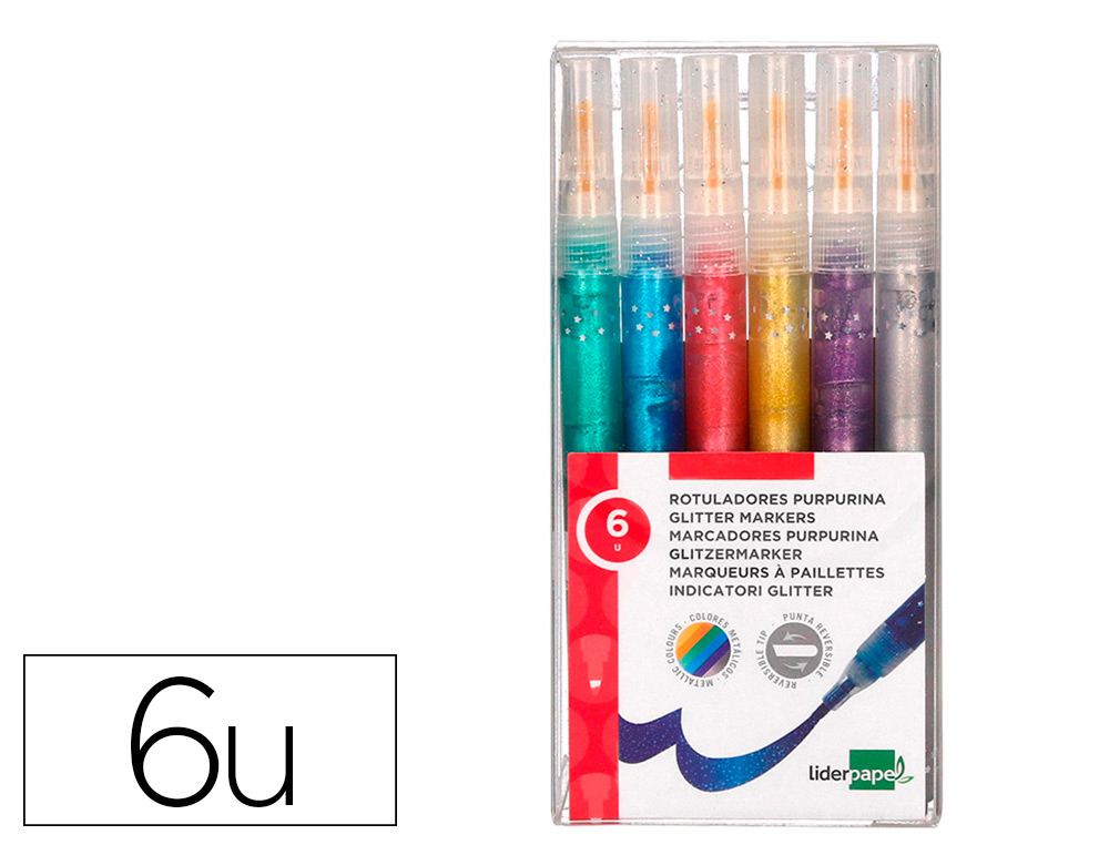602668g-1.jpg Feutre liderpapel encre metallisee pailletee double pointe etui de 6u assorties – Image 1