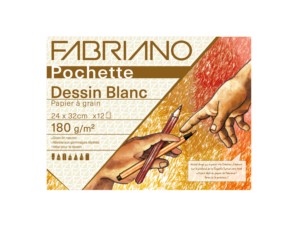 602853g-1.jpg Pochette fabriano papier a dessin a grain 240x320mm 180g coloris blanc 12 feuilles – Image 1