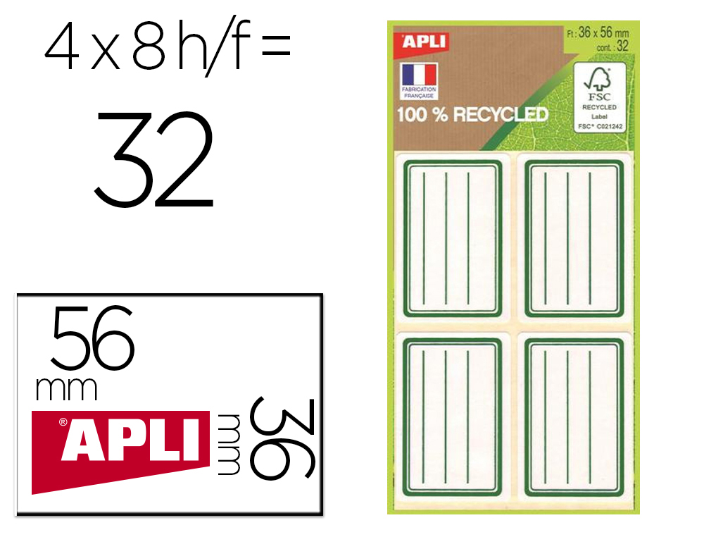 603732g-1.jpg Etiquette apli scolaire 100% recycle 36x56mm bords arrondisligne et cadre coloris vert pochette 32 unites – Image 1