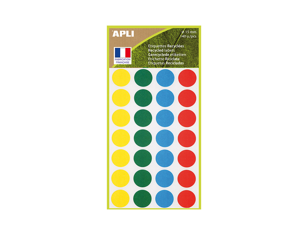 603733g-1.jpg Etiquettes apli 100% recycle ï15mm coloris assortis pochette 140 unites – Image 1