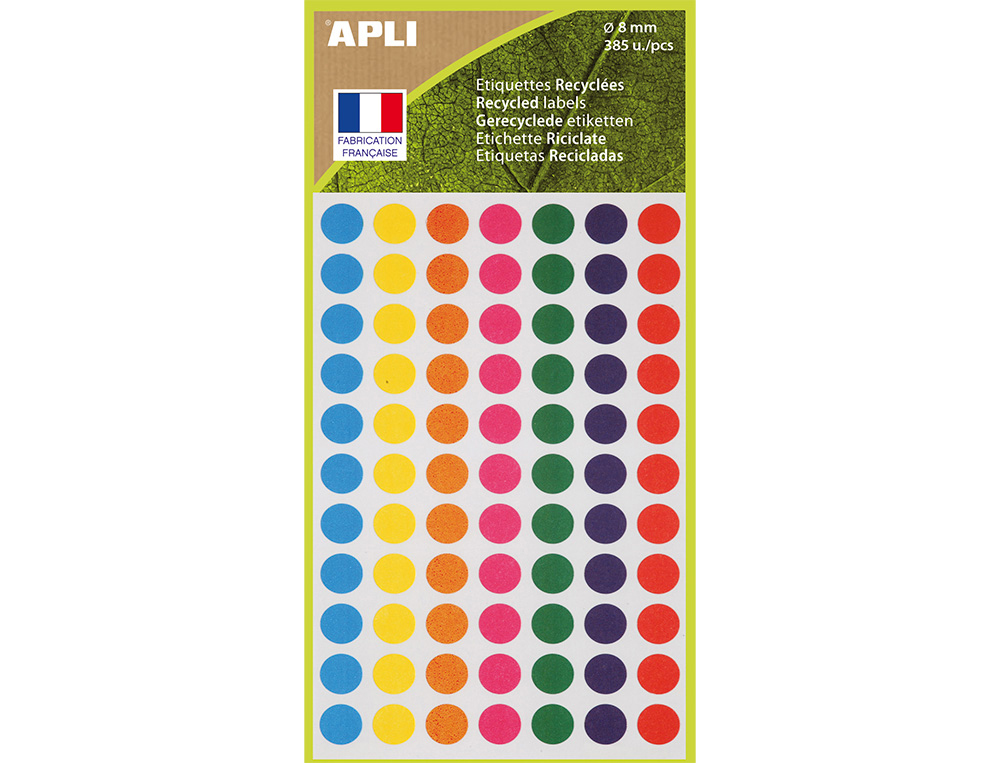 603734g-1.jpg Etiquettes apli 100% recycle ï8mm coloris assortis pochette 385 unites – Image 1