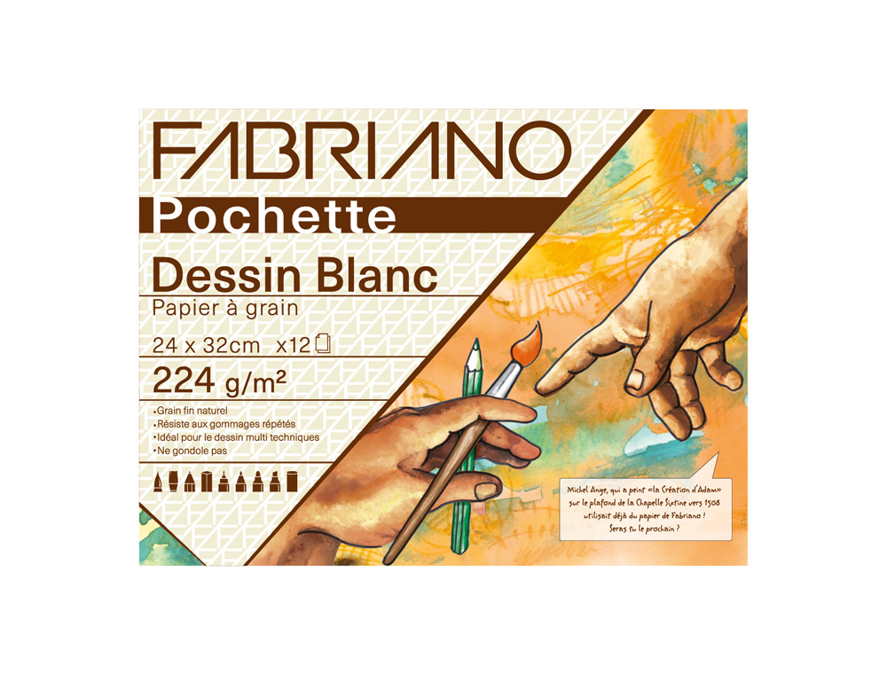 603910g-1.jpg Pochette fabriano papier a dessin a grain 240x320mm 224g coloris blanc 12 feuilles – Image 1
