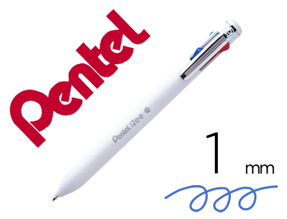 604068g-1.jpg Stylo-bille pentel 4 couleurs izee retractable pointe large 1mm clip metal corps blanc – Image 1
