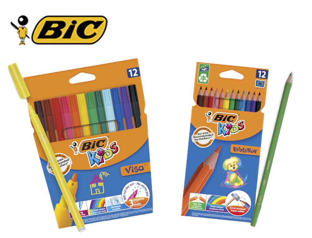 Lot scolaire bic kids special elementaire 24 etuis 12 feutres visa + 24 etuis 12 crayons couleur evolution eco 48 kits