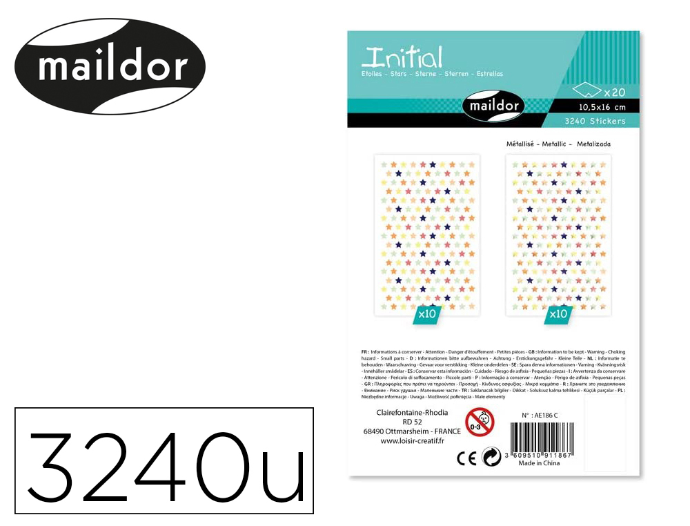 Gommette mini etoile maildor 10,5x16cm coloris assortis    metallise et pastel sachet 20 planches 3240 unites