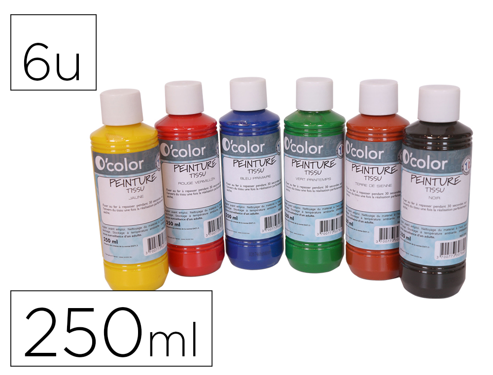 Peinture tissu o'color 250ml coloris classiques assortis   coffret polypro 6 unites
