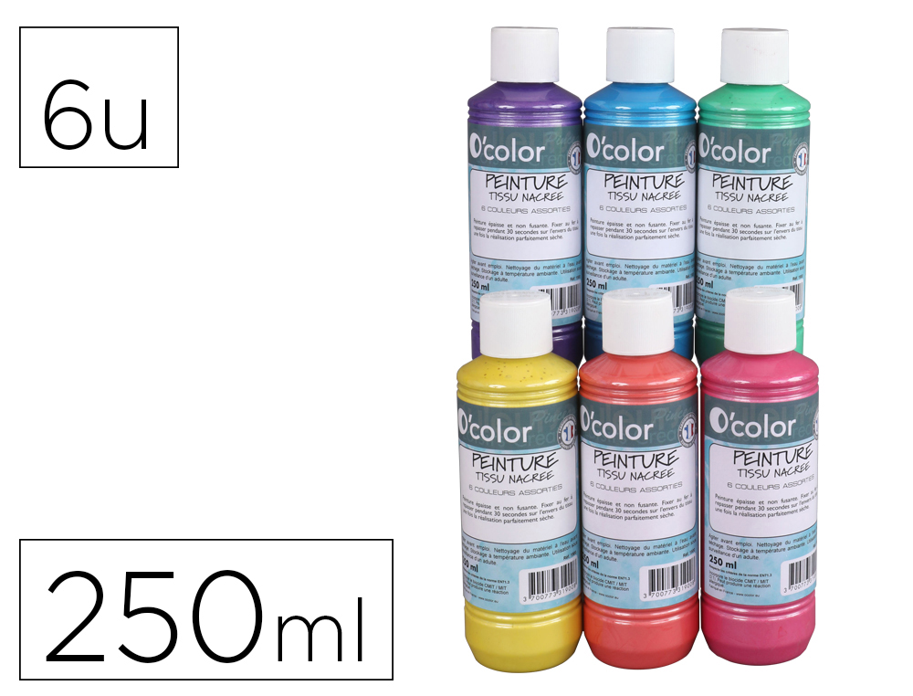 Peinture tissu o'color 250ml coloris nacres assortis       coffret polypro 6 unites