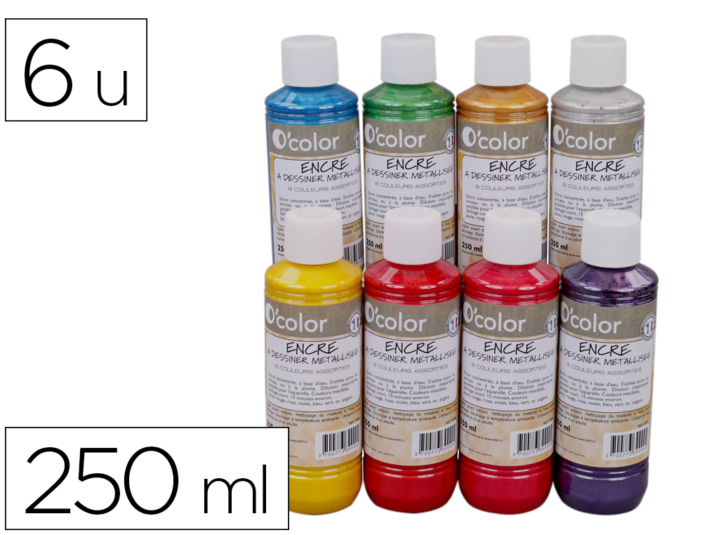 Encre o'color metallisee 250ml coloris assortis        coffret 8 unites + 6 tampons