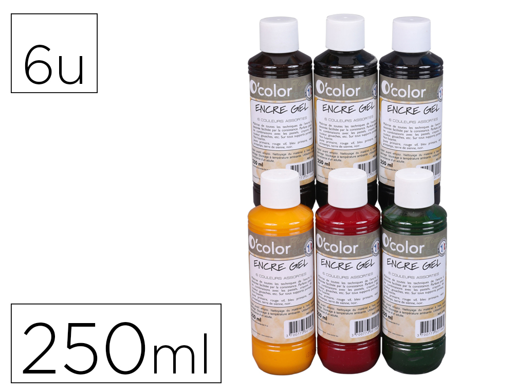 Encre o'color gel 250ml coloris miscible assortis     coffret polypro 6 unites