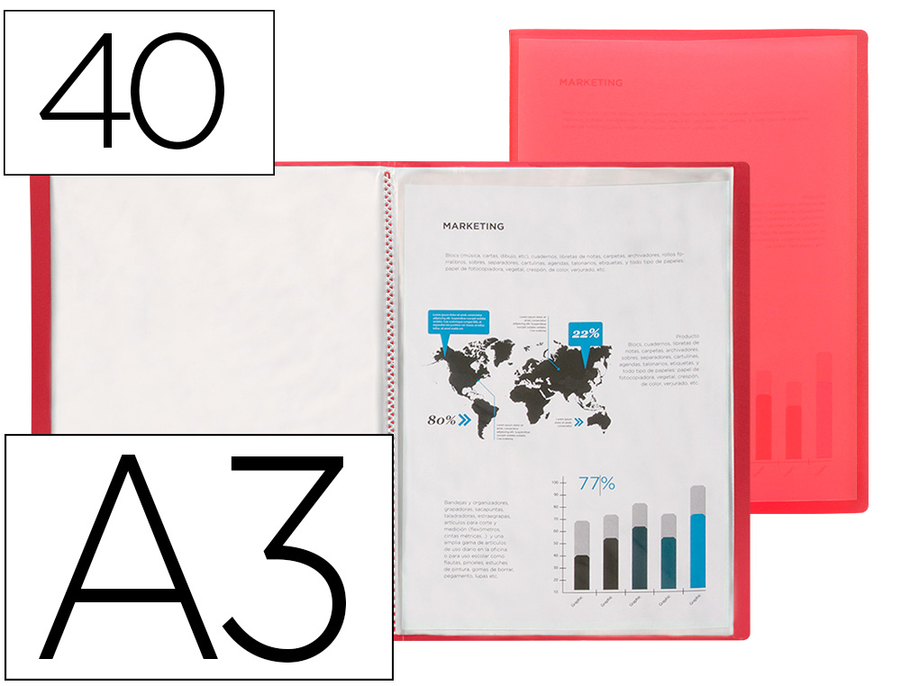 Protege-documents liderpapel 40 pochettes pp din a3        coloris rouge translucide