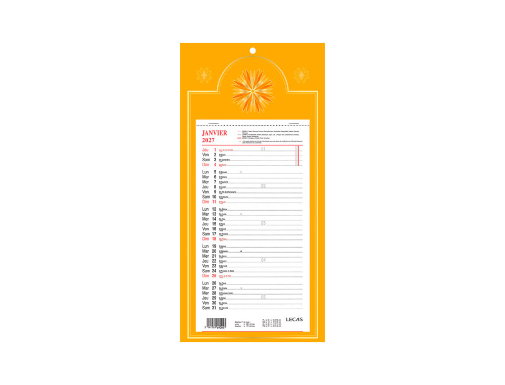 604893g-1.jpg Calendrier lecas mensuel long classique 1 mois/page 16x33,3 cm coloris assortis – Image 1