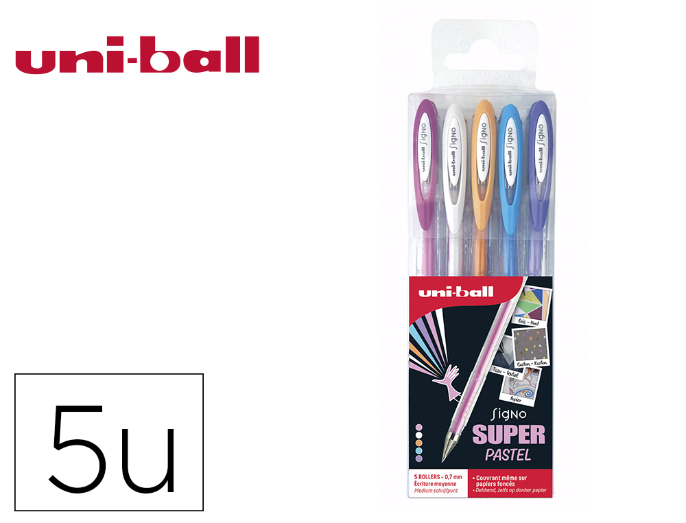 605564g-1.jpg Pochette uniball signo roller encre gel ecriture moyenne coloris pastel blanc / bleu / orange / rose / violet 5 – Image 1
