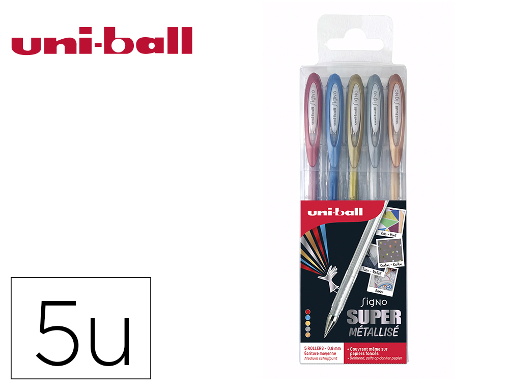 605565g-1.jpg Pochette uniball signo roller encre gel ecriture moyenne coloris metallise or / argent / bronze / bleu / rouge 5 – Image 1
