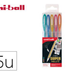 Pochette uniball signo roller encre gel ecriture moyenne    coloris paillete bleu / or /  orange / rose / vert 5 unites