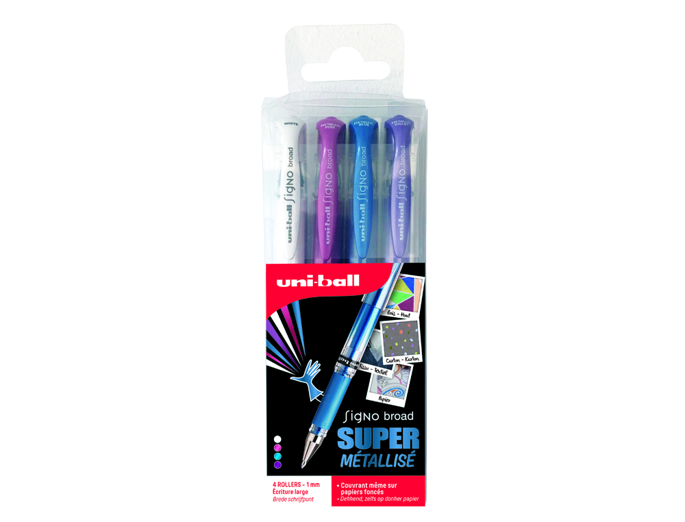 605568g-1.jpg Pochette uniball signo roller encre gel ecriture large broad creatif or / argent / blanc / bronze 4 unites – Image 1