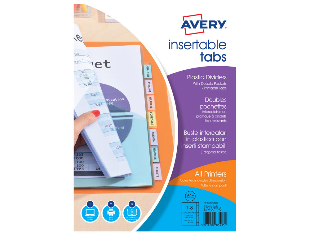 605959g-1.jpg Double pochette intercalaire avery a4+ pp 180 microns 8 touches coloris transparent + onglets bristols imprimables – Image 1