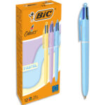 Stylo-bille bic 4 couleurs pointe moyenne 1mm retractable corps plastique coloris pastel assortis boite 12 unites