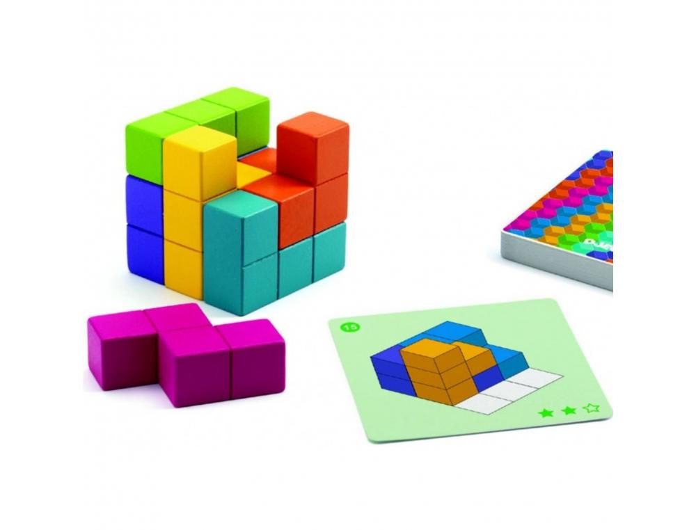 Jeu interdacta cubissimo 1 cube 7 pieces bois formes     biscornues + 30 cartes defis  + 1 livret instruction